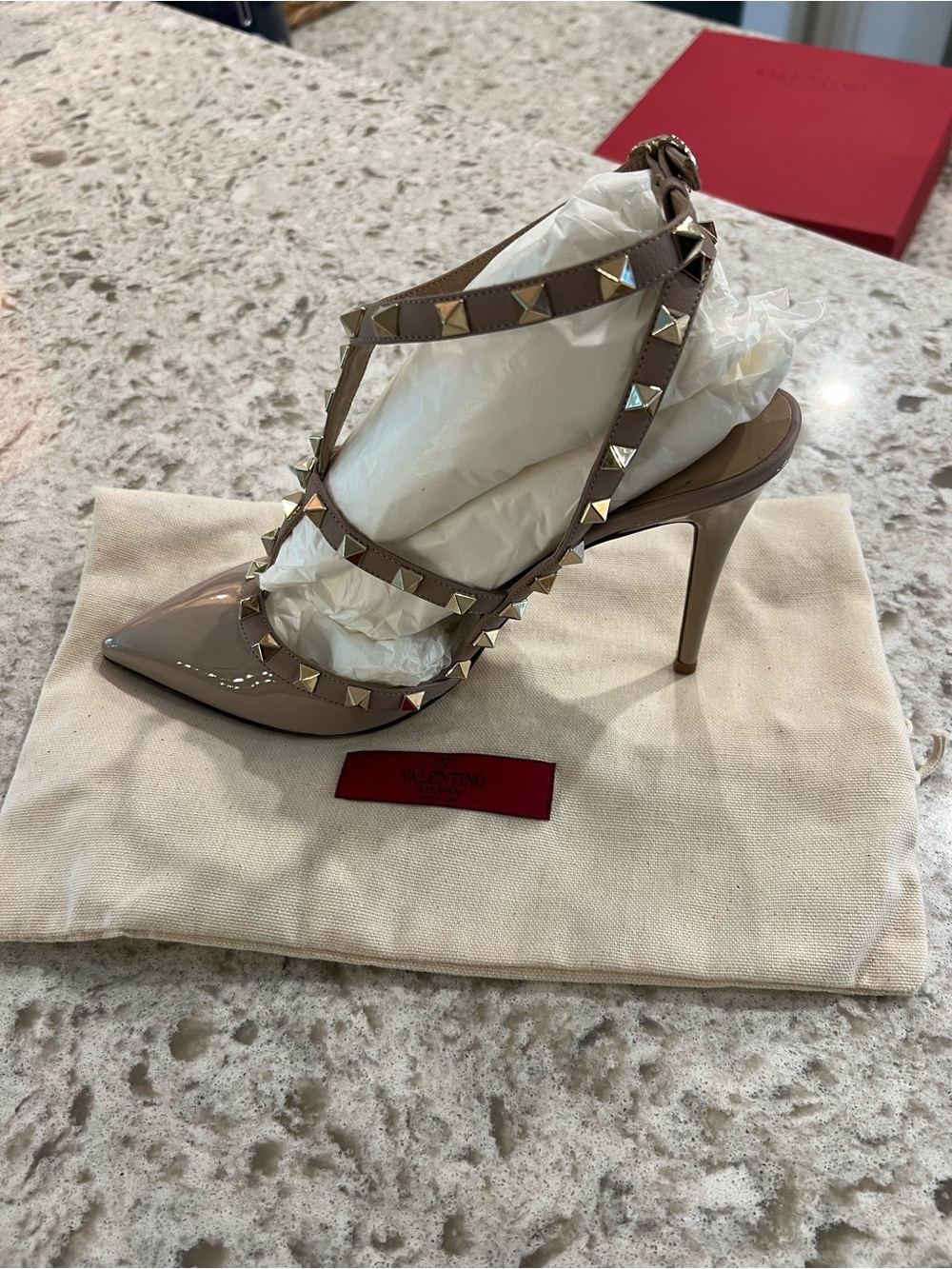 Valentino Nude Patent Leather Rockstud T-Strap Pump
